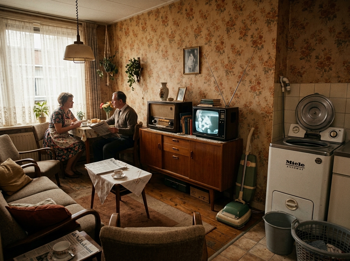 Een gezin in een jarenvijftigwoonkamer